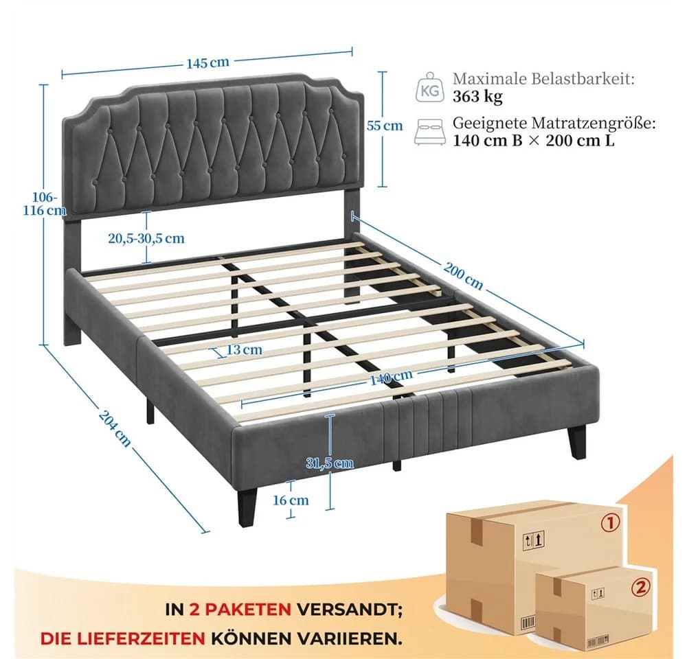 Yaheetech Polsterbett 140x200 cm mit höhenverstellbarem Kopfteil Dunkelgrau - Bild 4