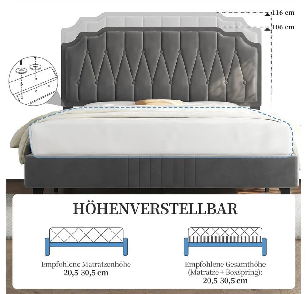 Yaheetech Polsterbett 140x200 cm mit höhenverstellbarem Kopfteil Dunkelgrau - Bild 5