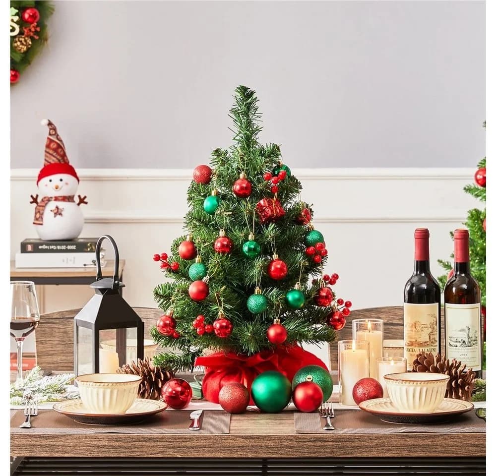 Yaheetech Künstlicher Weihnachtsbaum 60 cm mit LED-Beleuchtung & Roten Beeren