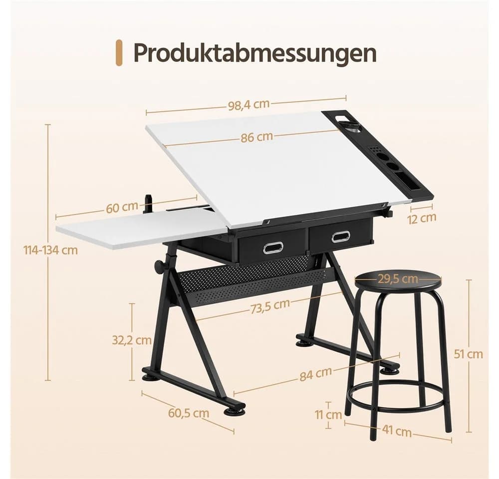 Yaheetech Zeichentisch mit Hocker, verstellbar, weiß - Bild 3