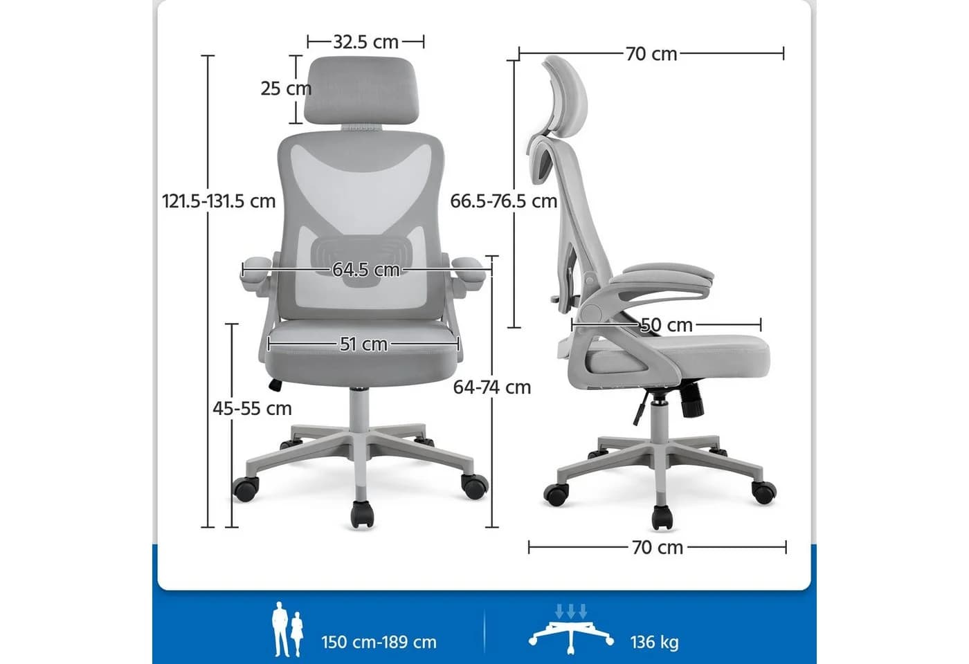 Yaheetech Ergonomischer Bürostuhl mit Klapparmlehnen & Kopfstütze - Bild 4