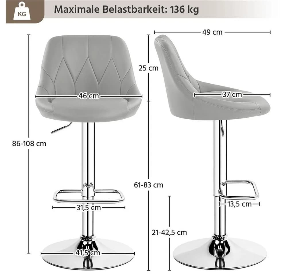Yaheetech Barhocker Set 2 St Hellgrau Verstellbar - Bild 5