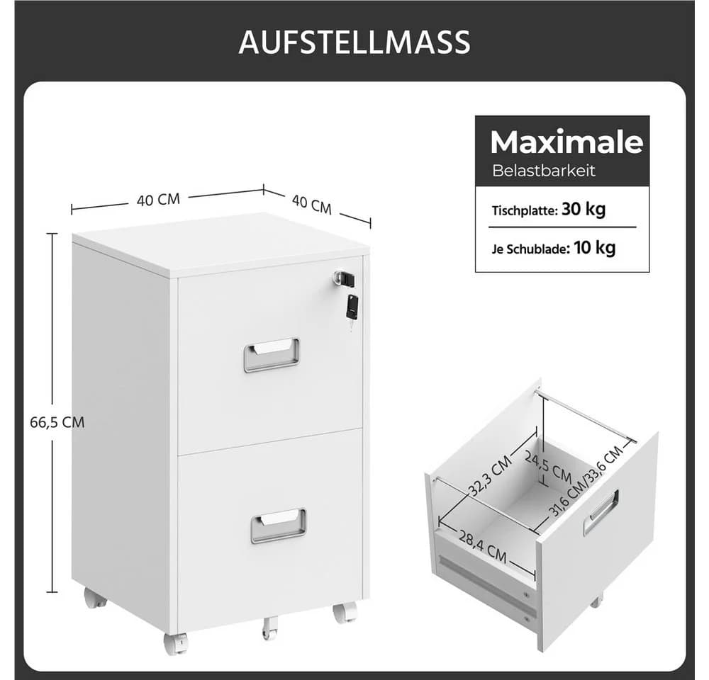 Yaheetech Aktenschrank Rollcontainer abschließbar mit Hängeregistratur und 2 Schubladen - Bild 4