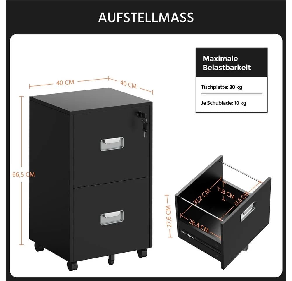 Yaheetech Rollcontainer Schwarz mit 2 Schubladen & Hängeregistratur - Bild 4