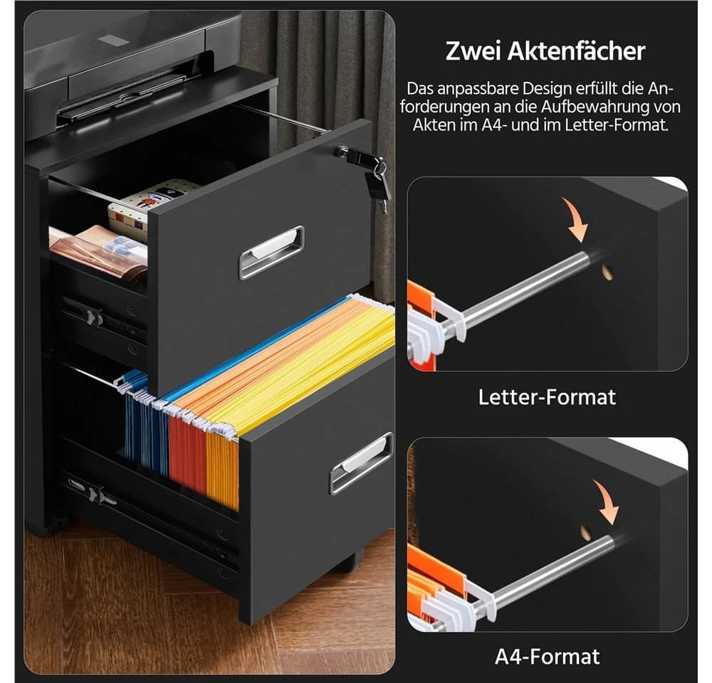 Yaheetech Rollcontainer Schwarz mit 2 Schubladen & Hängeregistratur - Bild 5