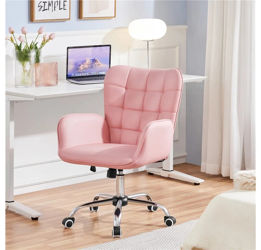 Yaheetech Bürostuhl mit Wippfunktion und Höhenverstellung - Rosa Kunstleder