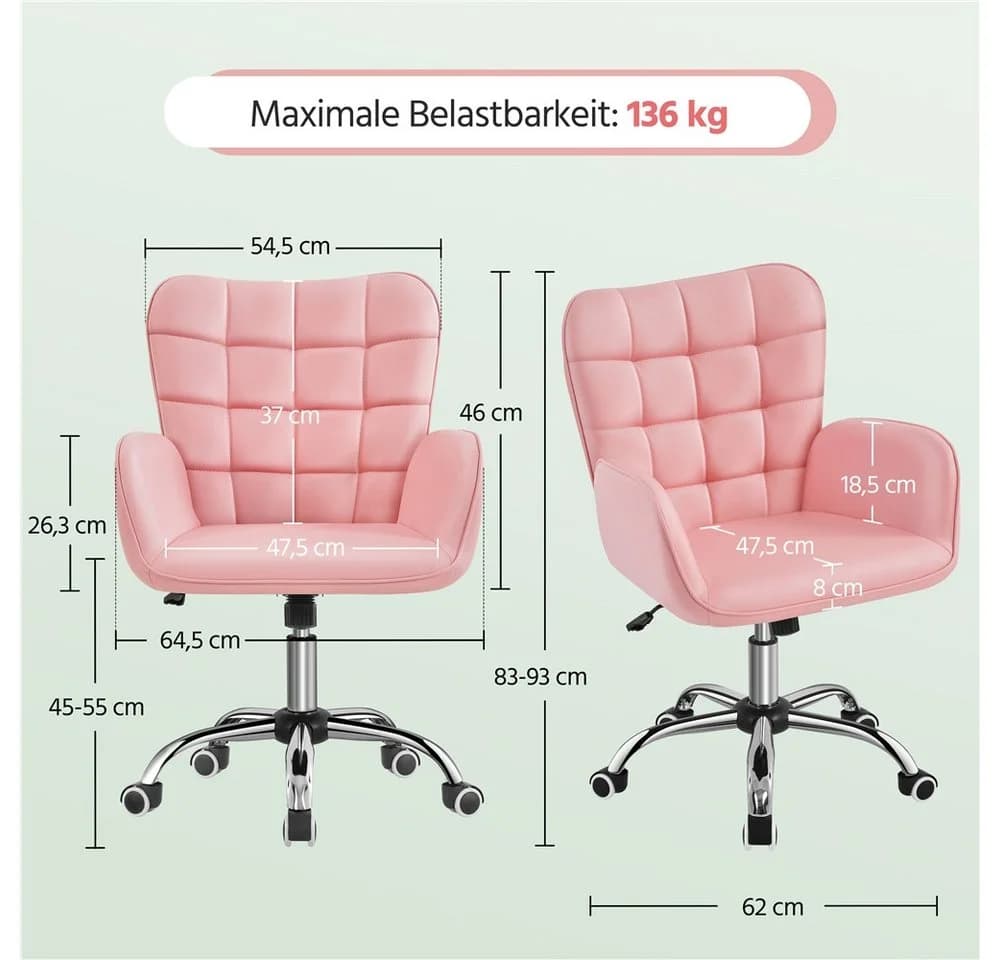 Yaheetech Bürostuhl mit Wippfunktion und Höhenverstellung - Rosa Kunstleder - Bild 4