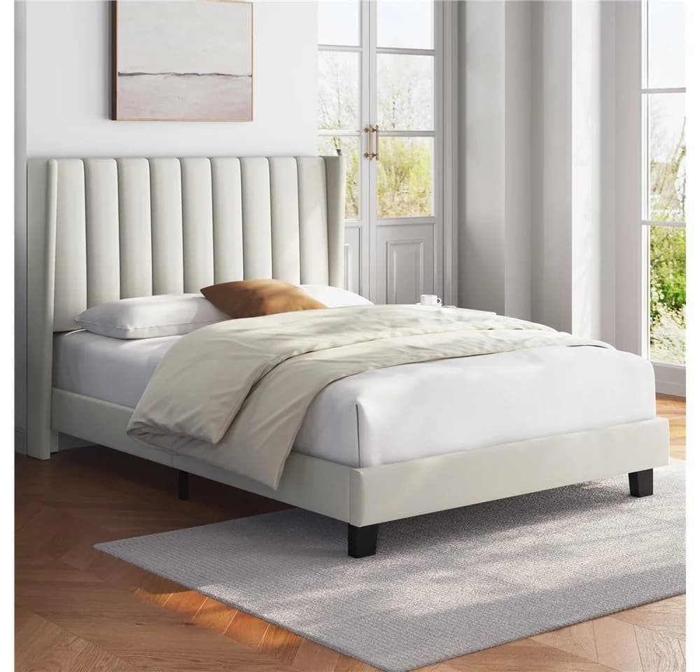 Yaheetech Polsterbett Beige mit getuftetem Kopfteil und Lattenrost - Bild 2