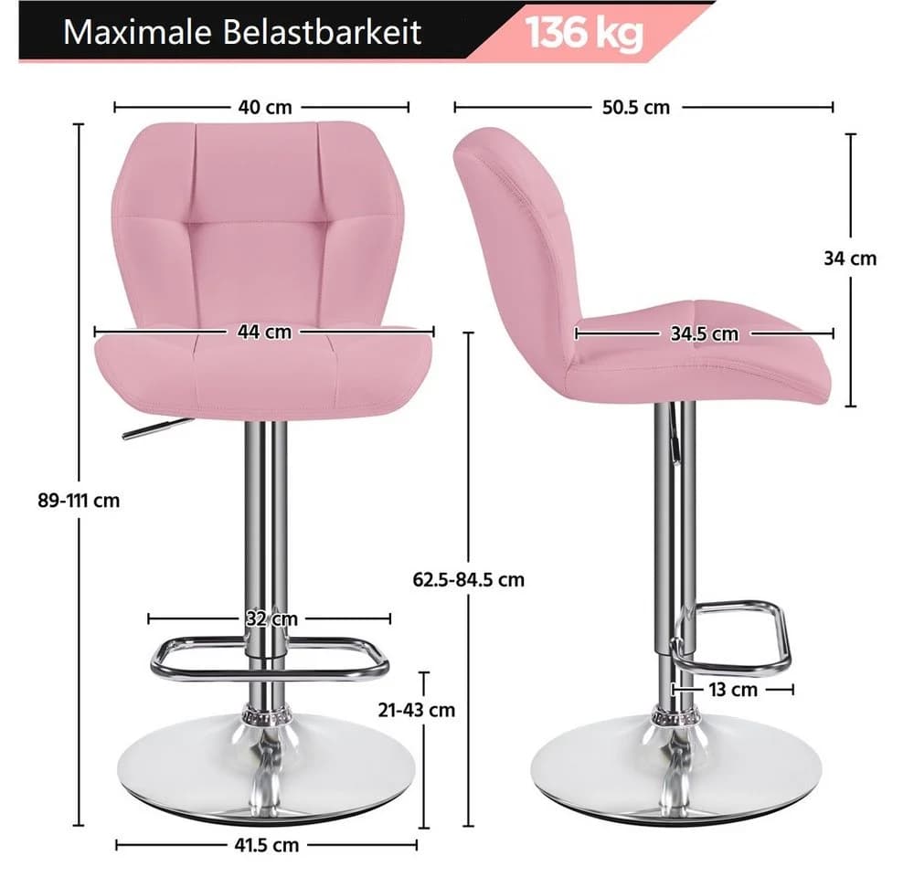 Yaheetech Barhocker 2er Set Rosa Höhenverstellbar mit Fußstütze - Bild 4