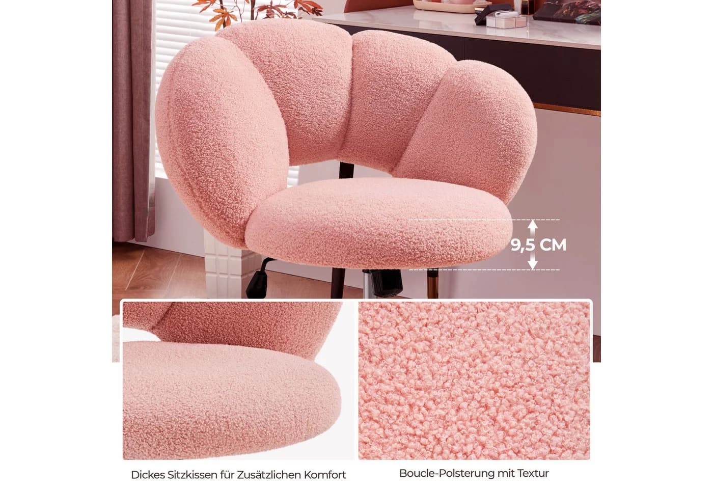 Yaheetech Drehstuhl Rosa Boucle-Gewebe Höhenverstellbar - Bild 5