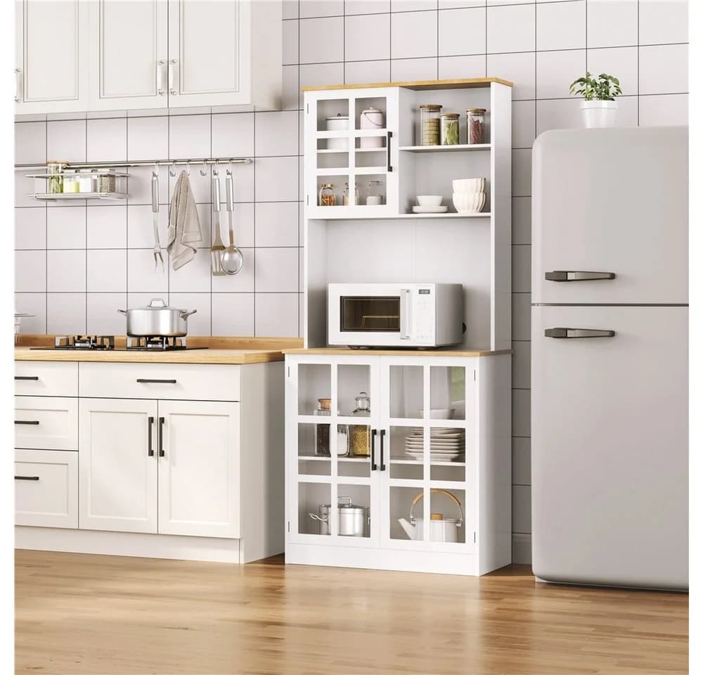 Yaheetech Küchenbuffet Weiß mit Glastüren und verstellbaren Böden