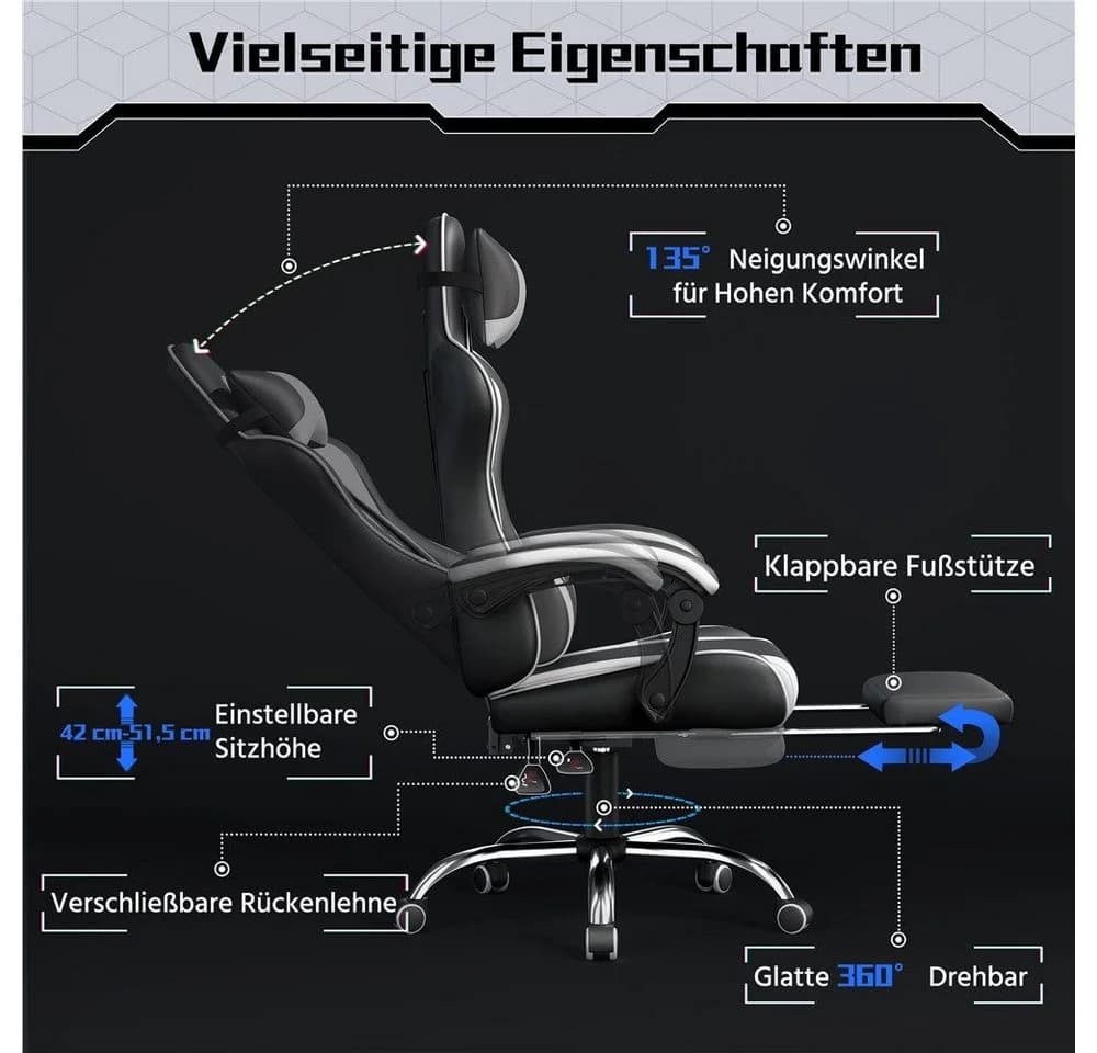 Yaheetech Gaming-Stuhl mit Massagefunktion, Kopfstütze & Fußstütze, Ergonomischer PC-Stuhl - Bild 5