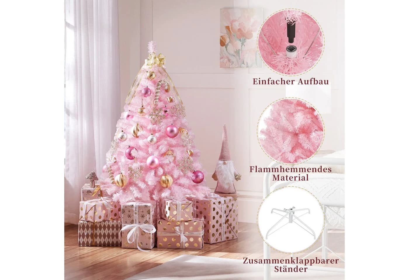 Yaheetech Künstlicher Weihnachtsbaum Rosa 124 cm mit Metallständer - Bild 5
