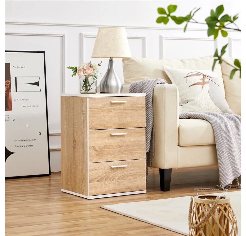 Yaheetech Nachttisch Beistelltisch 2er-Set Beige 3 Schubladen