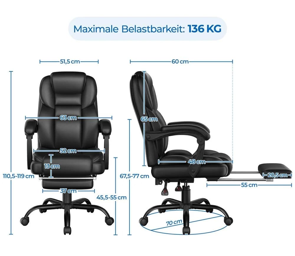 Yaheetech Chefsessel Bürostuhl Schwarz Kunstleder mit Fußstütze - Bild 4