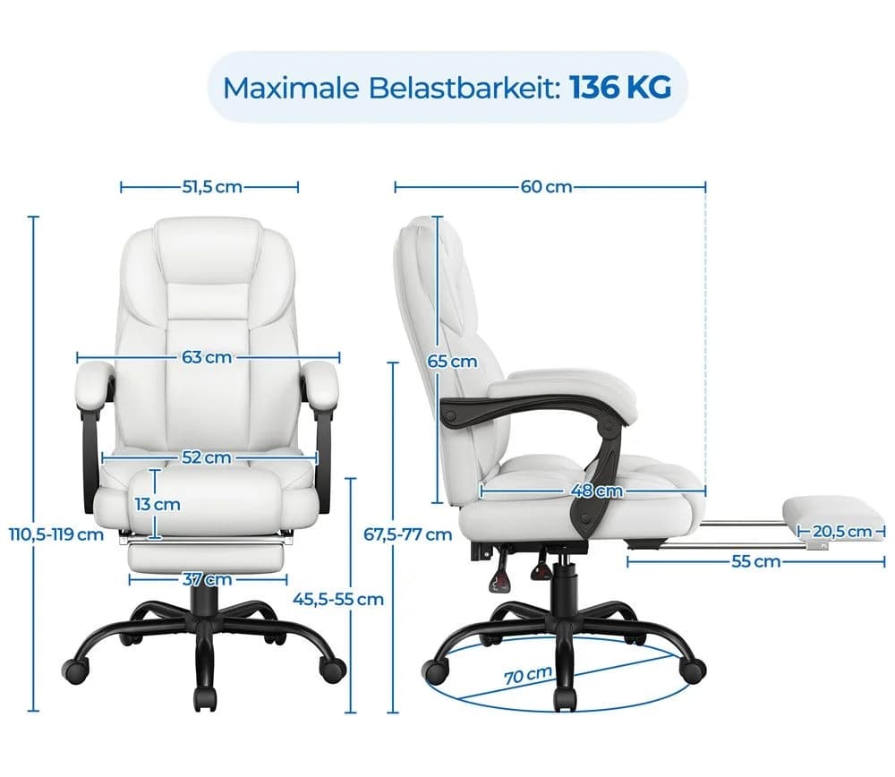 Yaheetech Chefsessel Bürostuhl Weiß Kunstleder mit Fußstütze - Bild 4