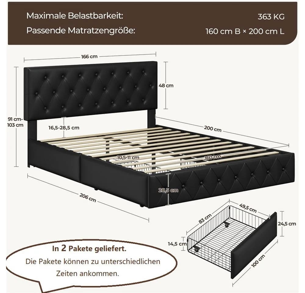 Yaheetech Polsterbett Schwarz mit Schubladen und verstellbarem Kopfteil - Bild 4