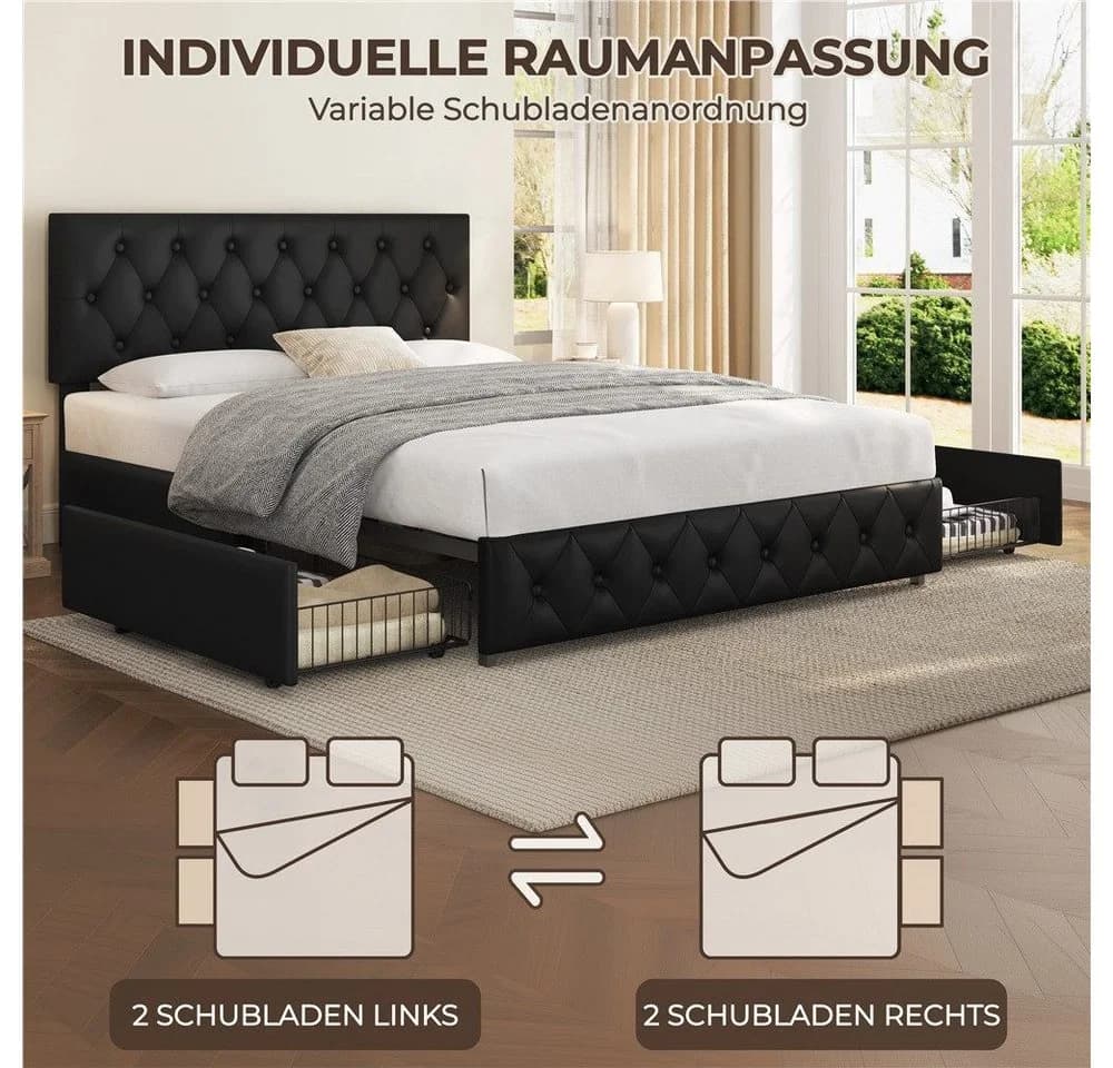 Yaheetech Polsterbett Schwarz mit Schubladen und verstellbarem Kopfteil - Bild 5