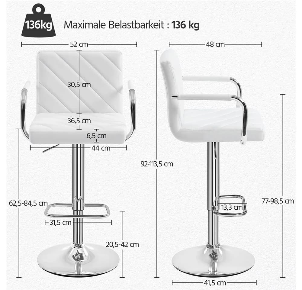 Yaheetech Barhocker Set 2-tlg. Weiß Höhenverstellbar mit Armlehnen - Bild 4