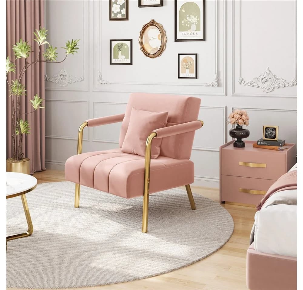 Yaheetech Polstersessel Rosa mit Lendenkissen und Metallbeinen