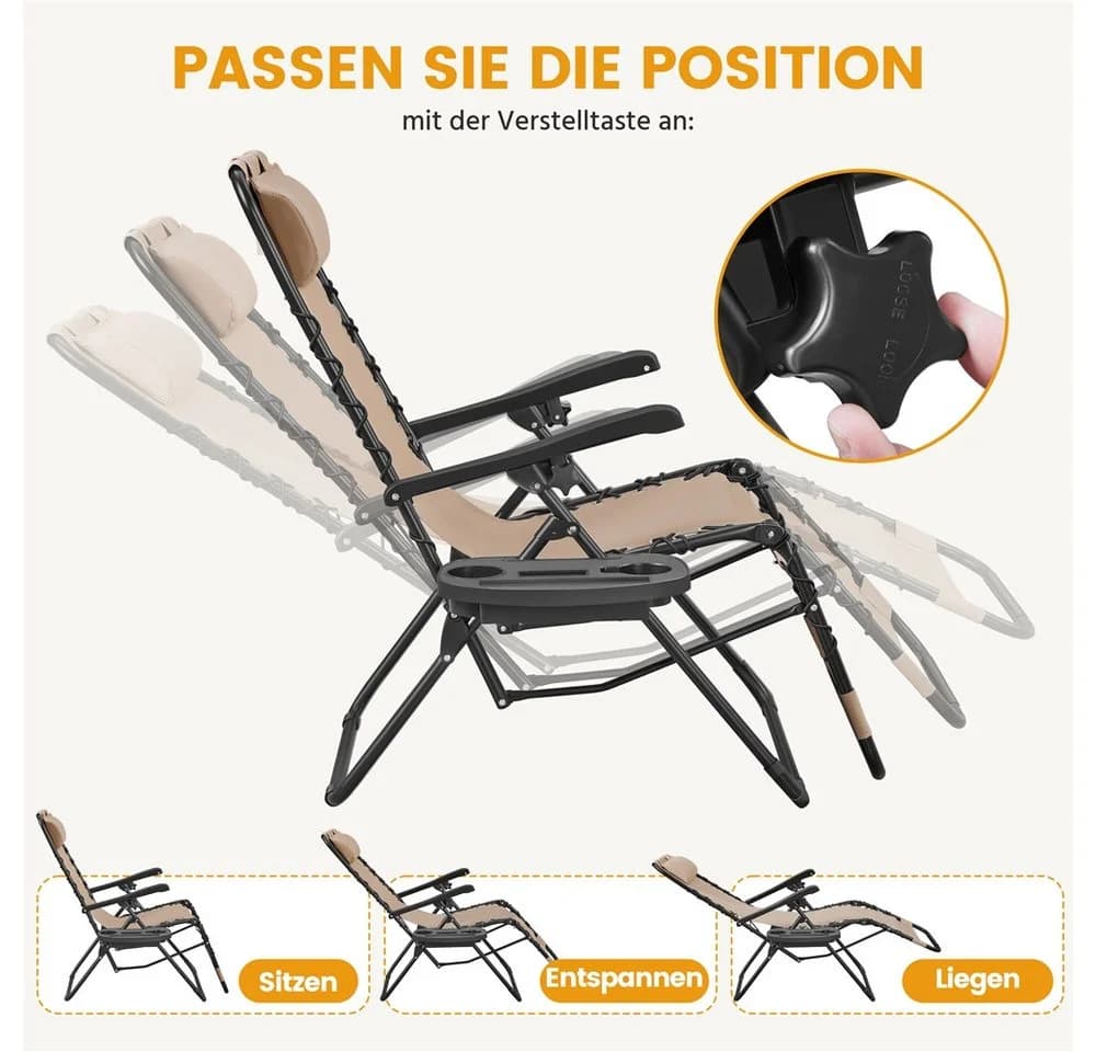 Yaheetech Zero-Gravity-Klappstuhl 2er-Set Beige mit Kopfkissen & Becherhalter - Bild 5