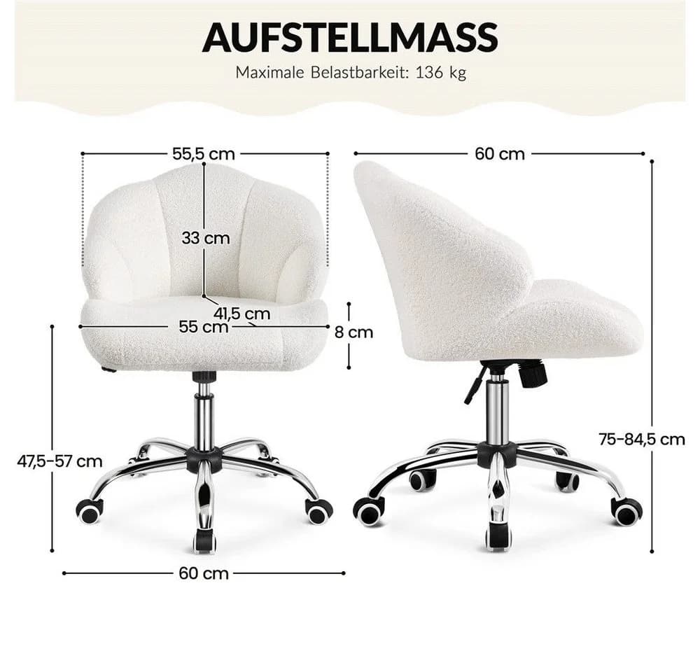 Yaheetech Bürostuhl Drehstuhl höhenverstellbar Weiß Boucle - Bild 4
