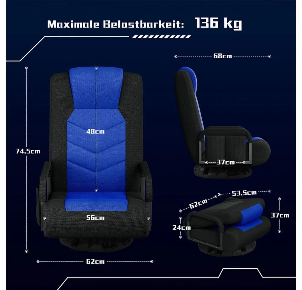 Yaheetech Gaming-Stuhl Bodenstuhl Schwarz/Blau 360° Drehbar - Bild 4