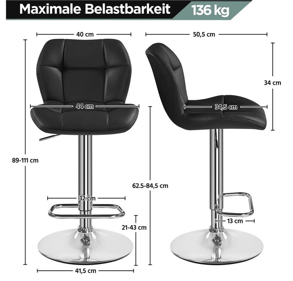 Yaheetech Barhocker Set 4-tlg. Schwarz höhenverstellbar mit Fußstütze - Bild 4