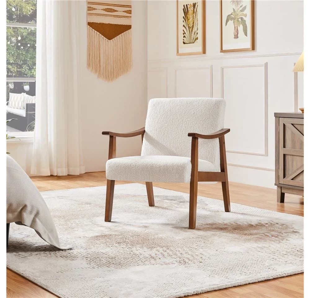 Yaheetech Relaxsessel Retro Loungesessel in Elfenbein mit Boucle-Gewebe