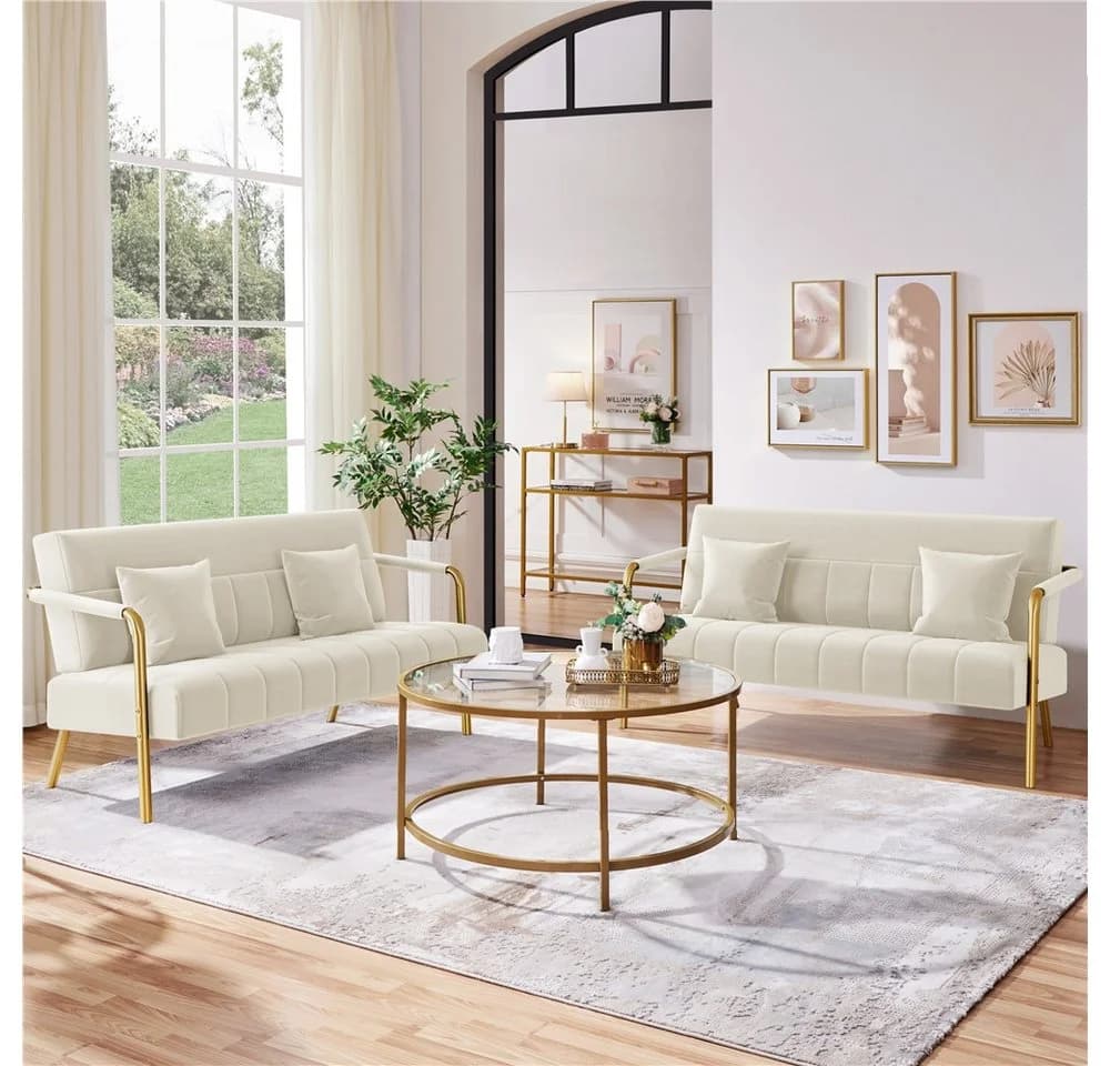 Yaheetech Sofa 1/2-Sitzer Beige mit Lendenkissen - Bild 4