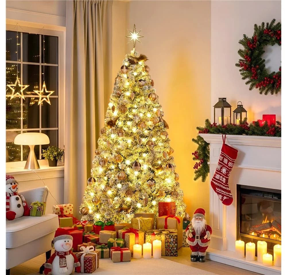 Yaheetech Künstlicher Weihnachtsbaum 183 cm mit LED-Beleuchtung und Schnee