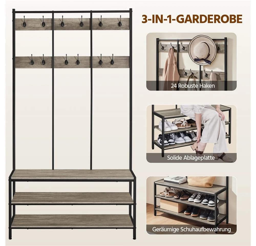 Yaheetech Garderobenständer Grau Industrie-Design mit Sitzbank - Bild 5