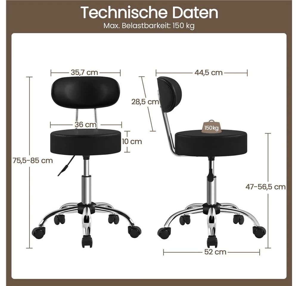 Yaheetech Drehhocker Höhenverstellbar Schwarz mit Rollen - Bild 4
