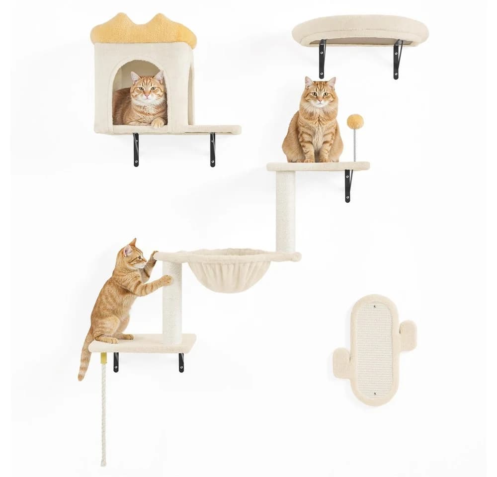 Yaheetech Katzen-Kletterwand Katzenmöbel-Set 4 teilig mit Katzenhöhle, Katzenliege, Plattformen und Katzenkorb