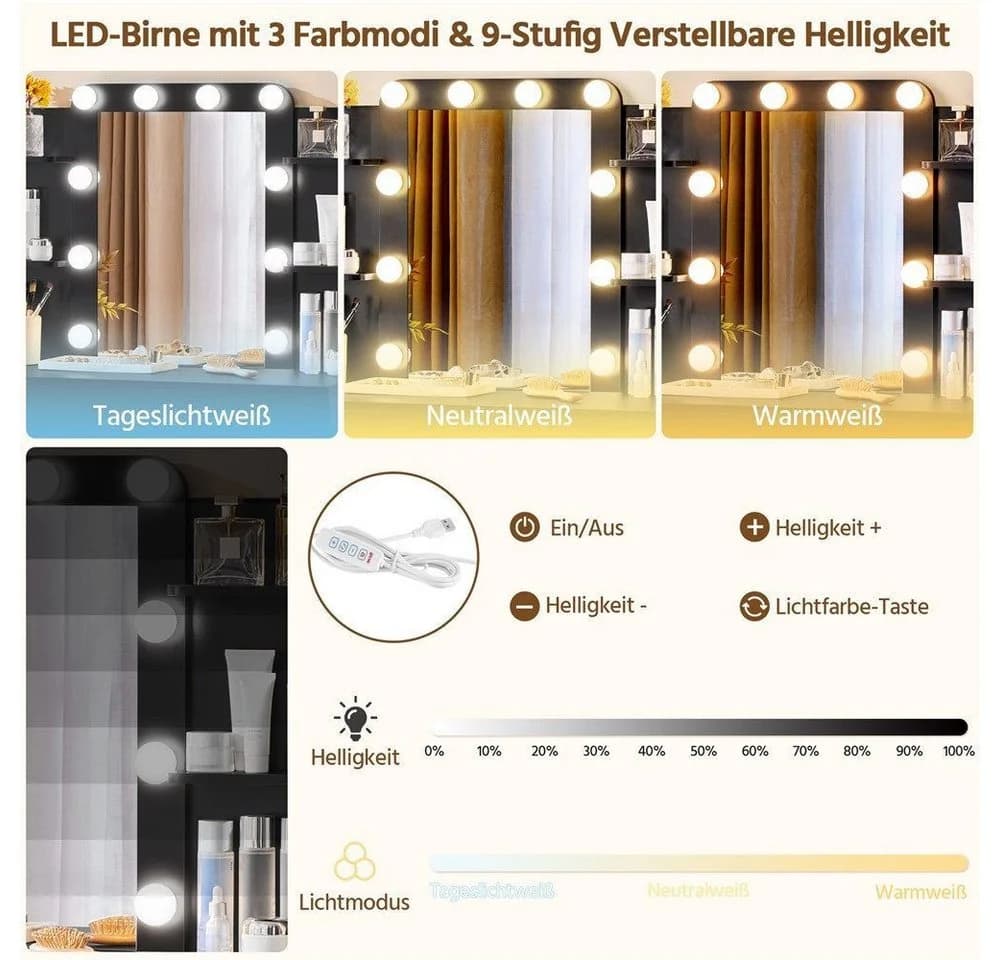 Yaheetech Schminktisch mit LED-Beleuchtung, Kosmetiktisch mit Spiegel, 1 Schublade, 4 obere Ablagen, 1 untere Ablage - Bild 5