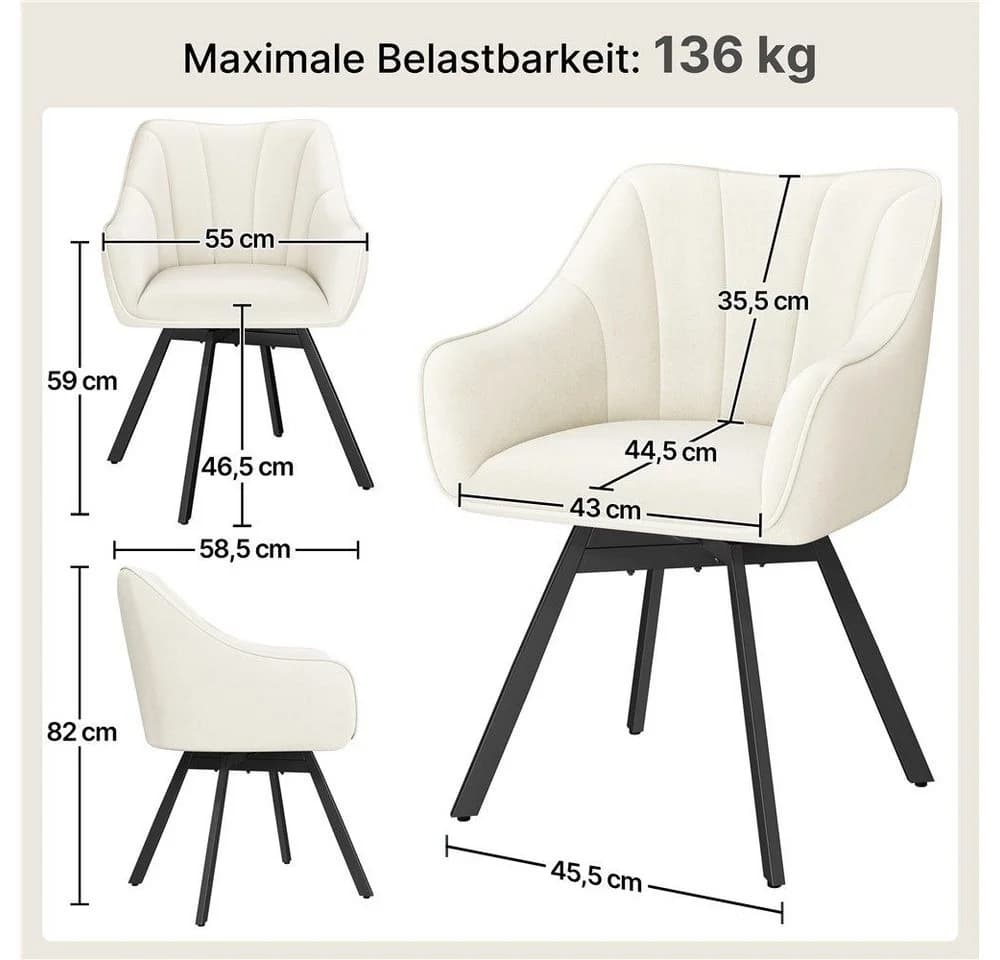 Yaheetech Esszimmerstuhl Polsterstuhl drehbar 2er-Küchenstuhl mit Armlehnen & Rückenlehne & Metallbeine Beige - Bild 4