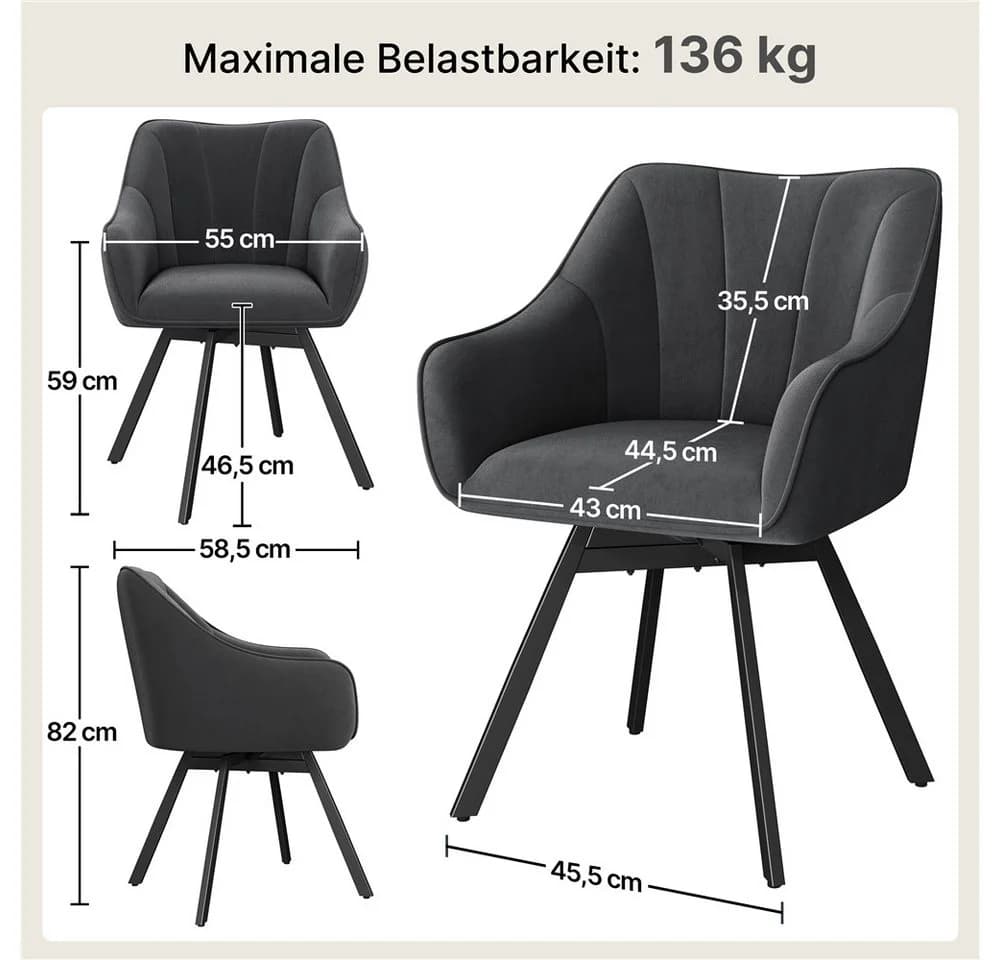 Yaheetech Esszimmerstuhl 4er-Set Dunkelgrau mit Armlehnen & Drehfunktion - Bild 4