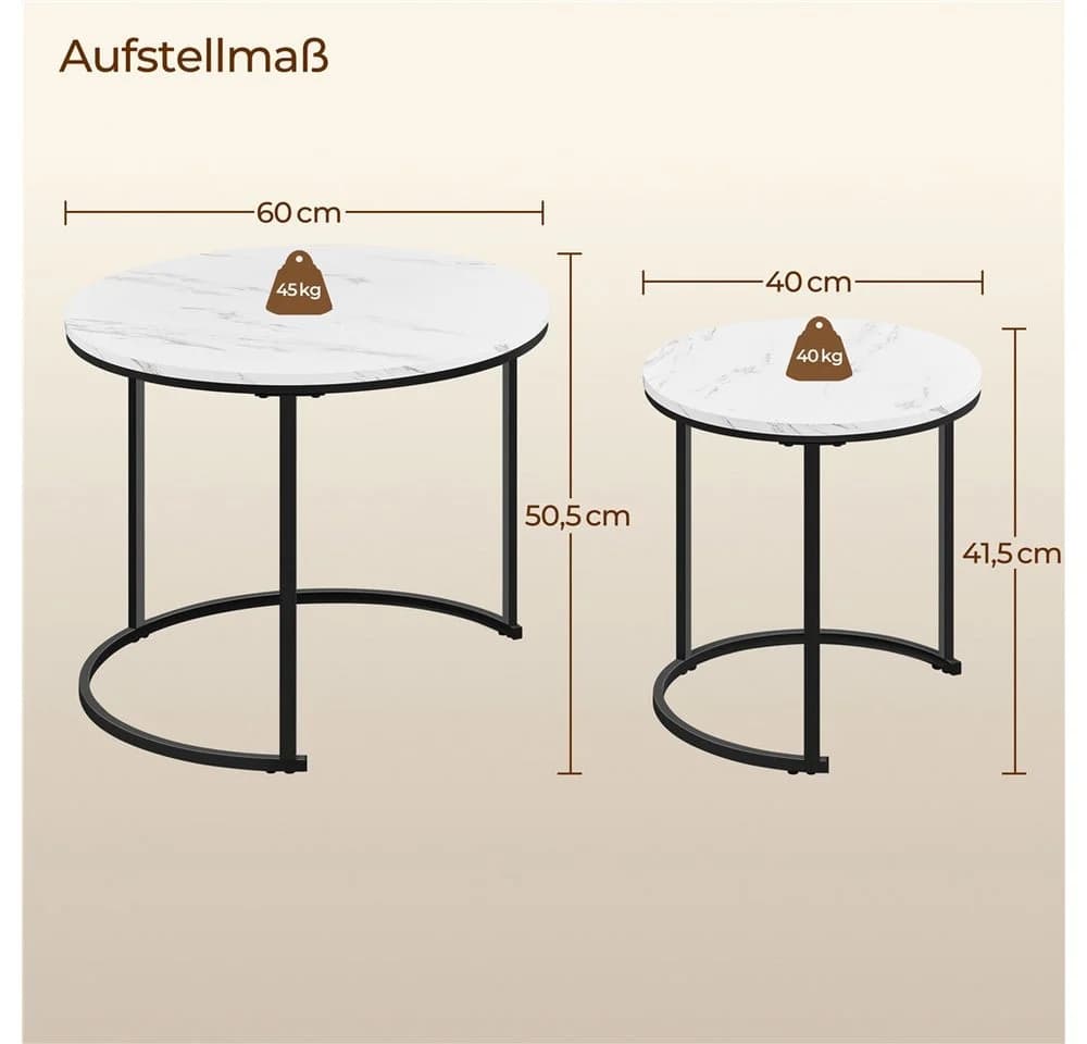 Yaheetech Couchtisch-Set 2er Beistelltisch Sofatisch Runder Tischplatte Metallgestell Marmorweiß - Bild 4
