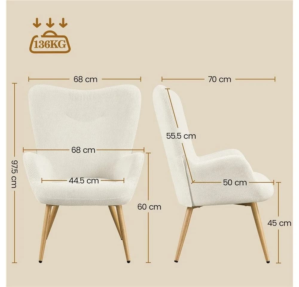 Yaheetech Loungesessel Ohrensessel Cordstoff Beige - Bild 3