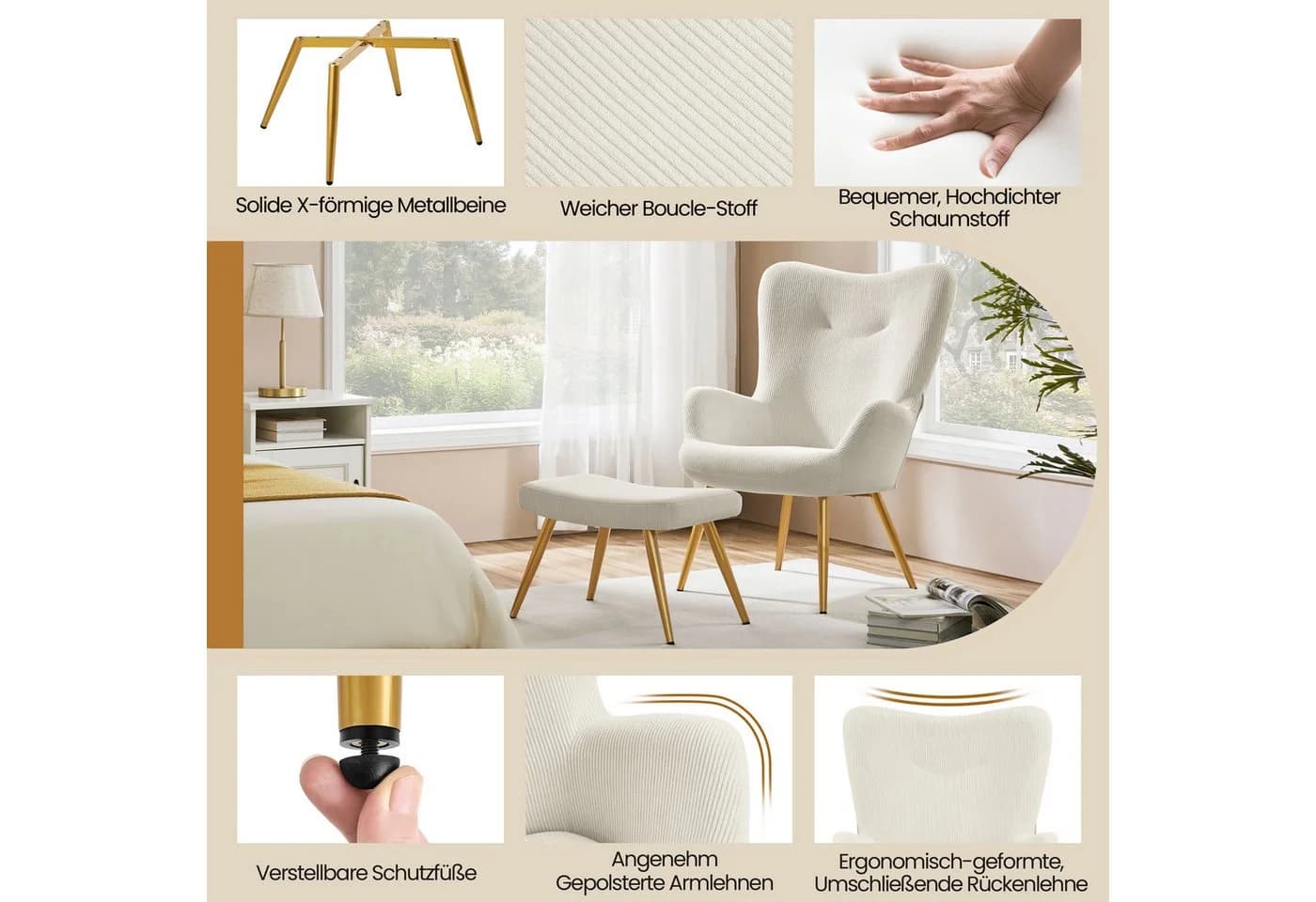 Yaheetech Loungesessel Ohrensessel Cordstoff Beige - Bild 4