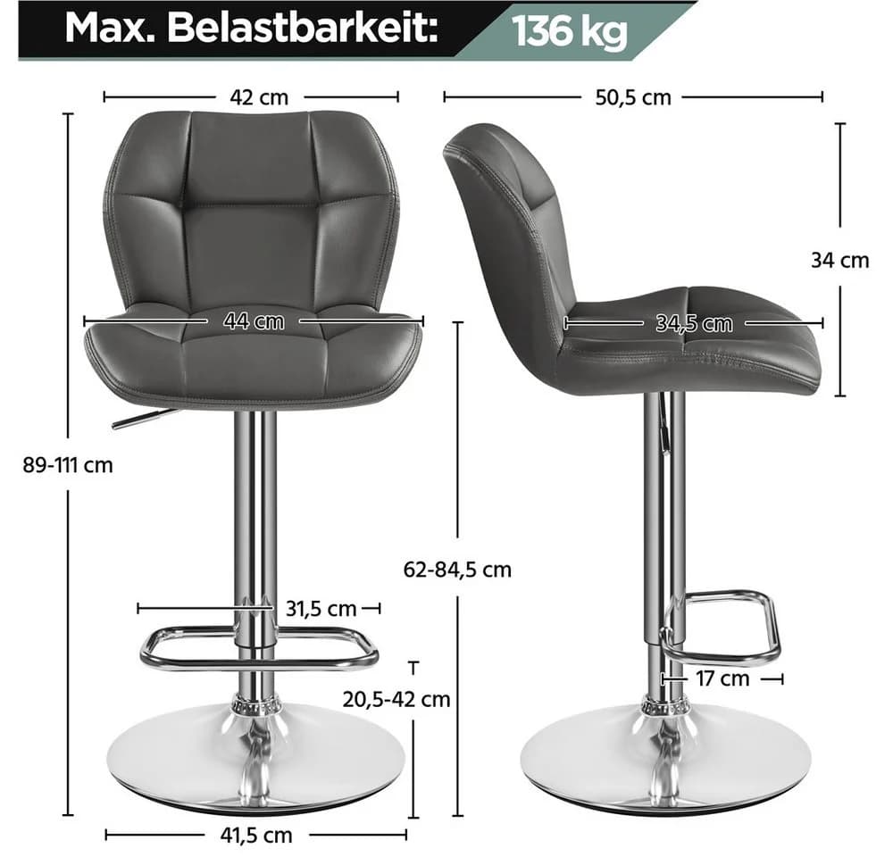 Yaheetech Barhocker 360° Drehbar mit Fußstütze, höhenverstellbar - Bild 4