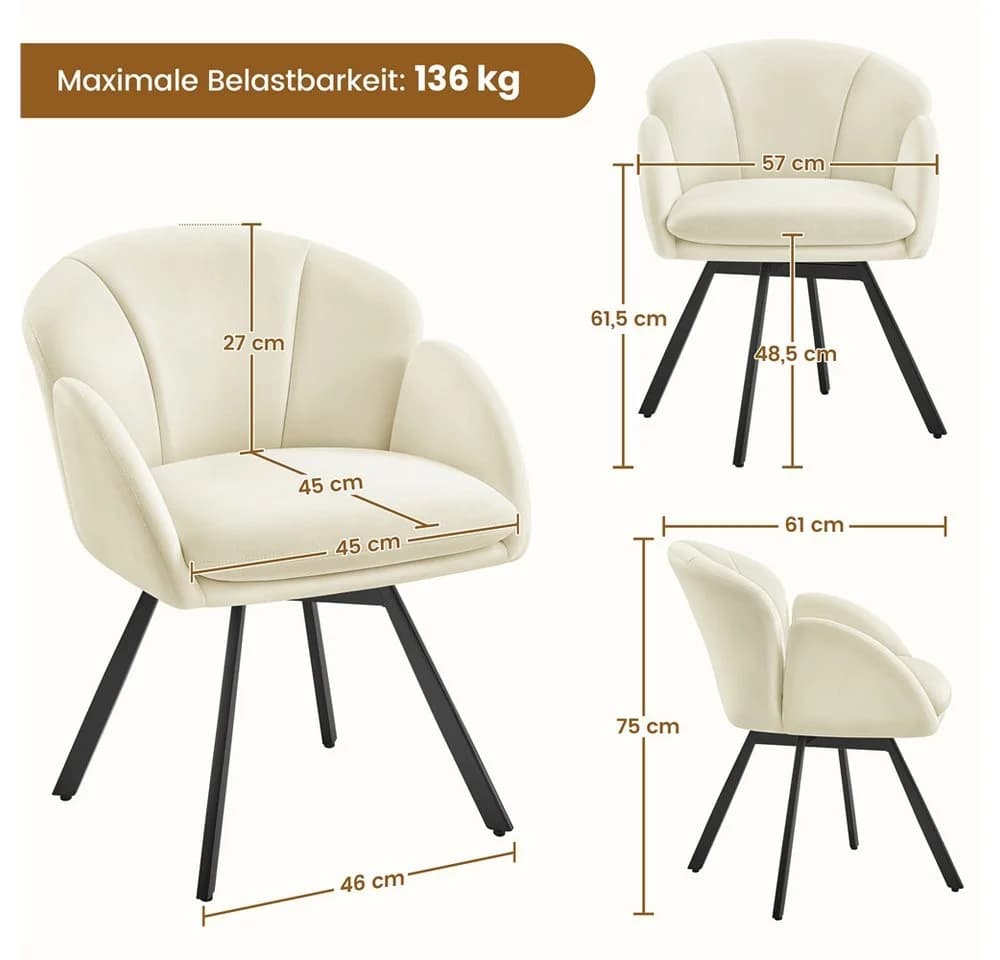 Yaheetech Esszimmerstuhl Polsterstuhl mit Schwenkbarem Sitz, Loungesessel Schminkstuhl in Blütenblattform Metallbeinen Beige - Bild 4