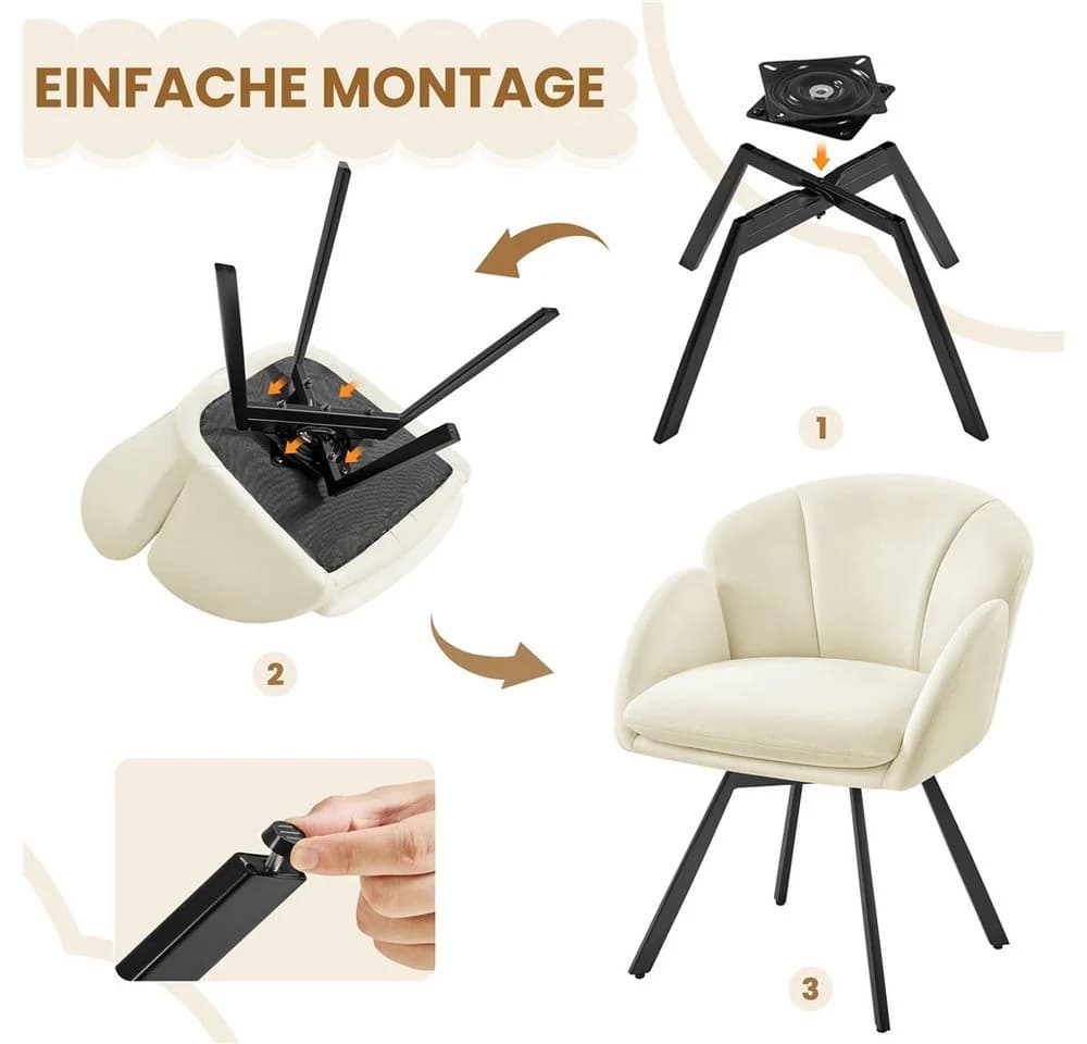 Yaheetech Esszimmerstuhl Polsterstuhl mit Schwenkbarem Sitz, Loungesessel Schminkstuhl in Blütenblattform Metallbeinen Beige - Bild 5