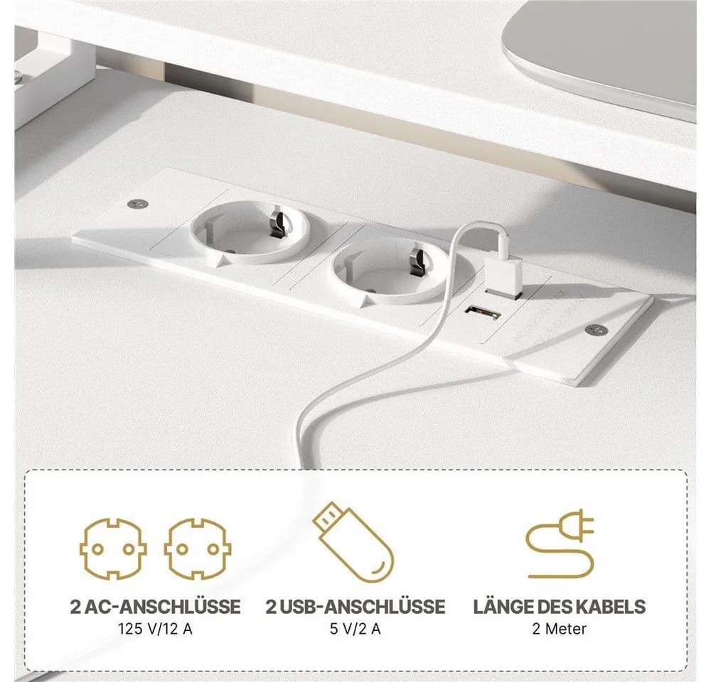 Yaheetech L-förmiger Computertisch Weiß mit Monitorhalterung & Steckdose - Bild 5