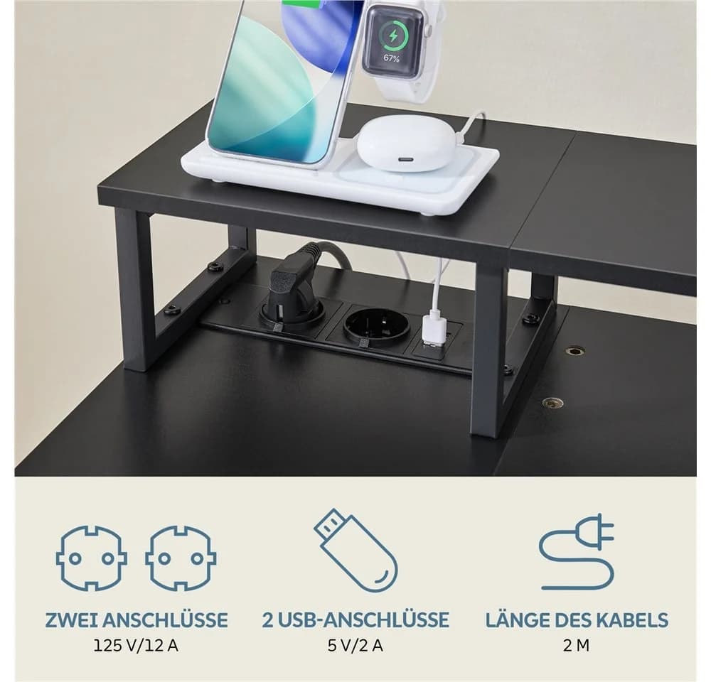 Yaheetech L-förmiger Computertisch Schwarz mit Monitorhalterung & Steckdose - Bild 5