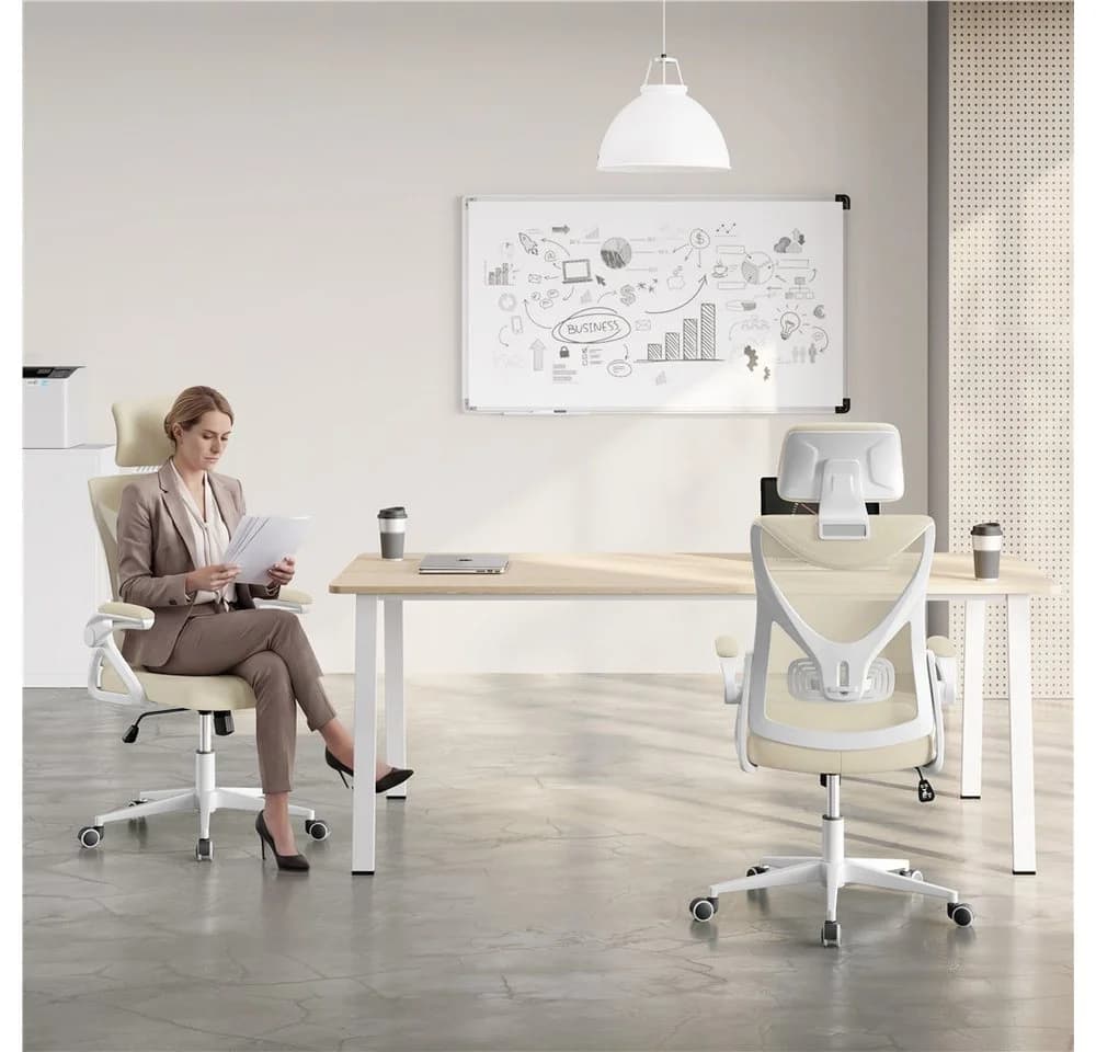 Yaheetech Bürostuhl Beige mit verstellbarer Kopfstütze und klappbaren Armlehnen - Bild 3
