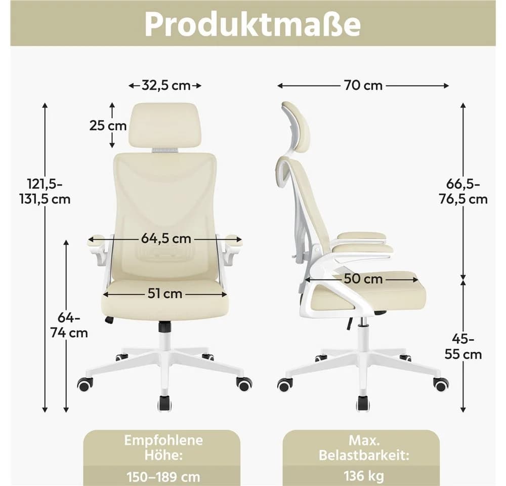 Yaheetech Bürostuhl Beige mit verstellbarer Kopfstütze und klappbaren Armlehnen - Bild 4