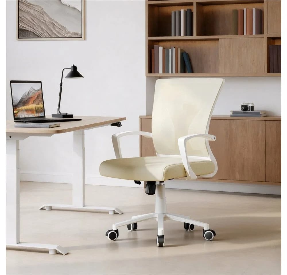 Yaheetech Bürostuhl Beige Mesh Höhenverstellbar mit Wippfunktion