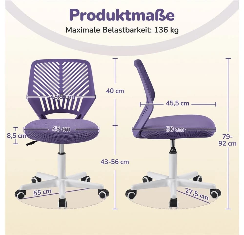 Yaheetech Bürostuhl Höhenverstellbar Helllila ohne Armlehnen - Bild 4