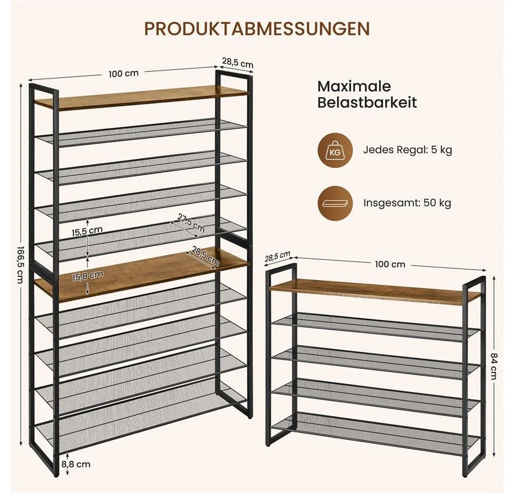 Yaheetech Schuhregal 10-stufig stapelbar Metall rustikal-braun - Bild 4